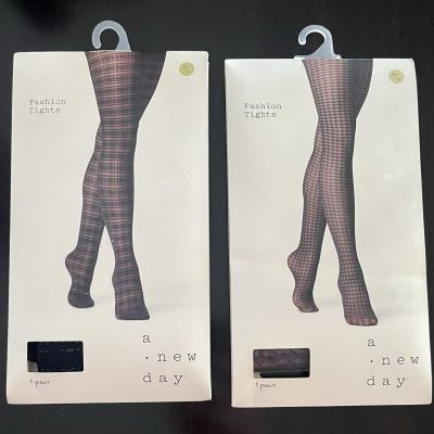 Womens M / L  A New Day Fashion Tights 2 Pair Ebony Hounds Check & Black Plaid